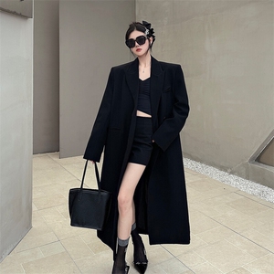 C8598-P115黑色长款西装外套男女潮牌高级感宽松加厚西服大衣图片