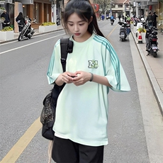抖音得物品质二开240克宽松纯棉美式潮牌印花三条杠中性风短袖T恤，男装T恤，电商A486