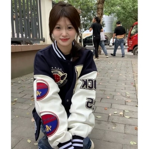 美式棒球服男女星空昵PU皮袖飞行员夹克情侣休闲宽松外套JKK18图片