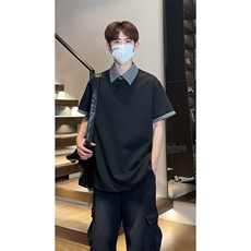 假两件格子拼接短袖T恤男夏季潮牌polo衫美式衬衫领T3652特价P30，男装T恤，电商A007