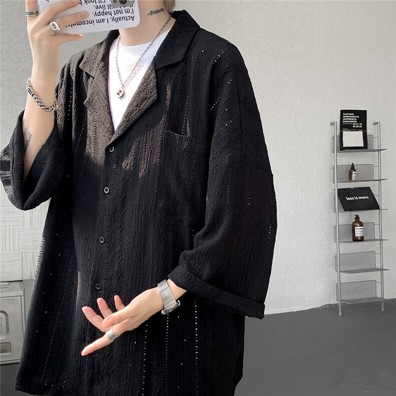 CS71551-P33特控58大码透气提花古巴领7分袖衬衫,男装衬衫,电商D232