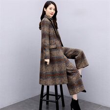 2023新款秋冬季时尚两件套女高端减龄格子大衣职业毛呢阔腿裤套装，女装套装/套裙，罗得堡