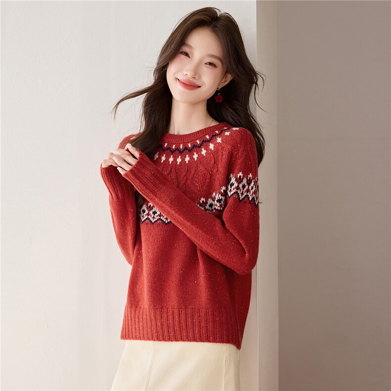 100羊毛衫慵懒松弛感费尔岛毛衣女秋冬季新款亮丝提花针织上衣，女装羊毛衫，艾米