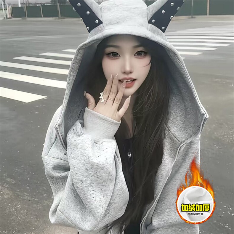 480G重磅加绒硬挺boxy男女美式高街卫衣铆钉杜宾犬耳朵开衫厚外套,女装短外套,电商A486