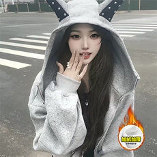 480G重磅加绒硬挺boxy男女美式高街卫衣铆钉杜宾犬耳朵开衫厚外套，女装短外套，电商A486