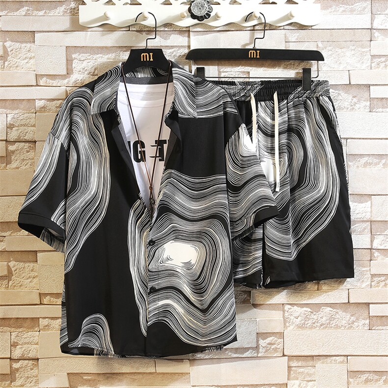 夏季大码薄款垂感冰丝短袖衬衫短裤男休闲宽松两件套装，男装牛仔裤，电商A011（原4039）