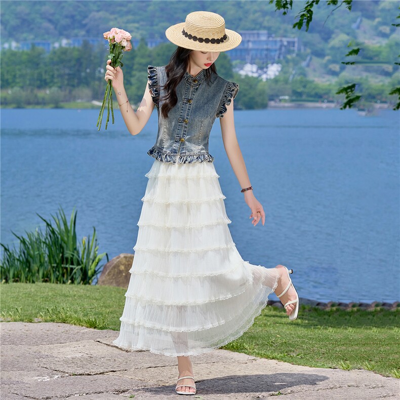 （新款现货）2026夏装时尚薄牛仔小飞袖上衣+蛋糕超仙纱裙两件套,女装套装/套裙,印象茜