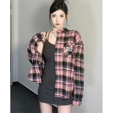 粉色格子衬衫女休闲上衣宽松型五分袖常规款翻领常规开衫C59，男装T恤，星座1116A（原606A-3）