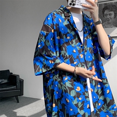 8XL-M冰丝凉感衬衣垂感透气复古花纹宽松男五分袖短袖衬衫CS526，男装T恤，电商D206-1