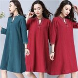 连衣裙优雅韩版纯色气质宽松腰套头2021年夏季七分袖中长款，女装连衣裙，奕阳依阁
