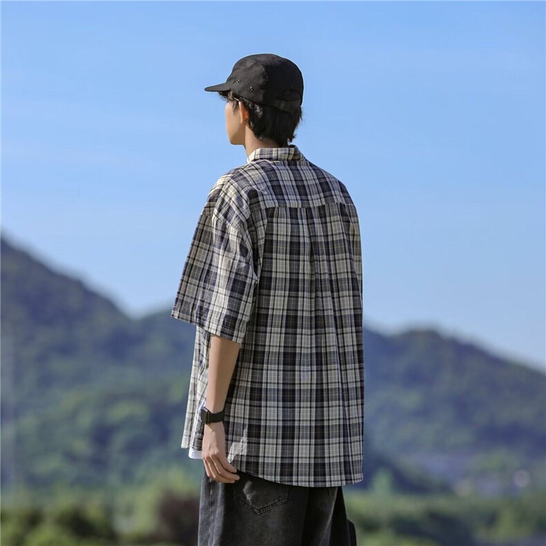 格子短袖衬衫男夏季新款学院风宽松设计感百搭半袖上衣LC2022-p43,男装T恤,星座1008