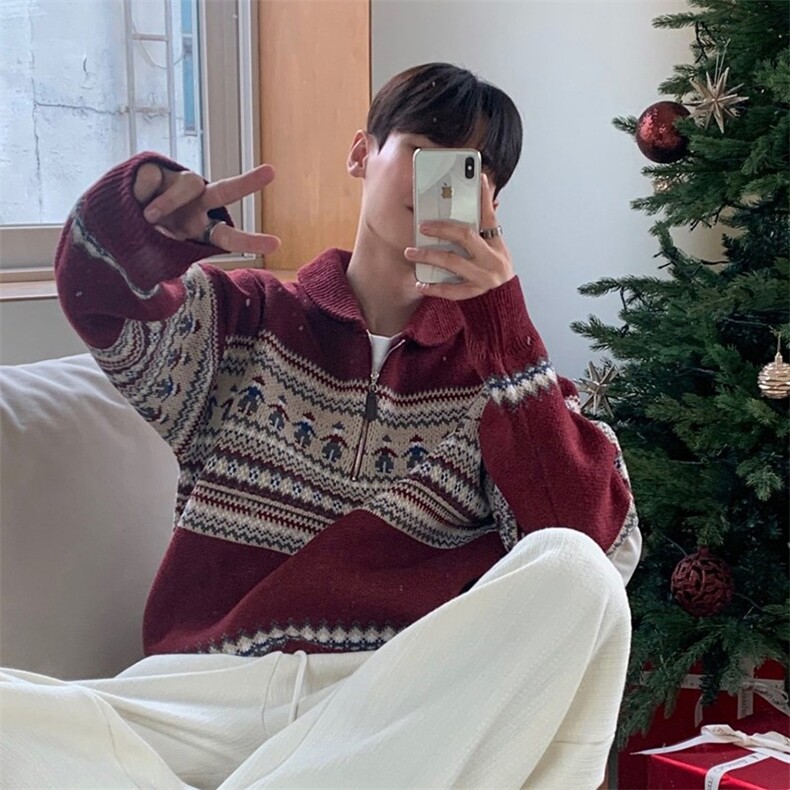 Cleanfit美式复古费尔岛提花拉链POLO领毛衣新年圣诞红翻领针织衫,男装针织衫/毛衣,星座715-4