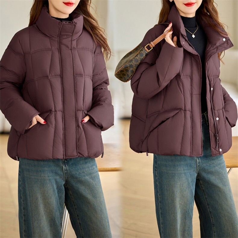 红色时尚立领保暖羽绒服女短款2025冬季新款休闲加厚90白鸭绒外套,女装羽绒服,余墨
