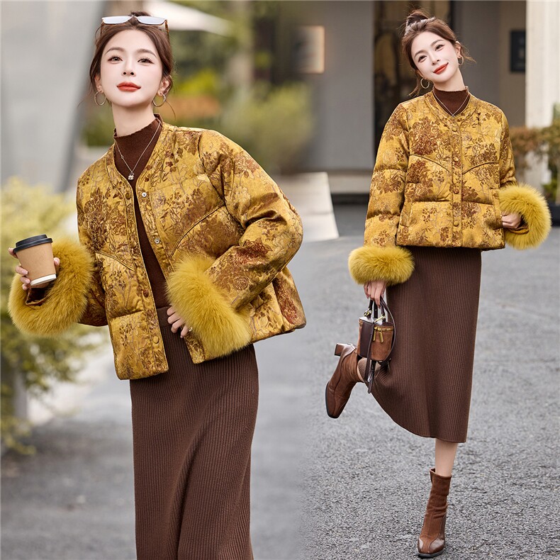 新中式90提花羽绒服2025年冬季新款高级感优雅气质白鸭外套，女装羽绒服，玖莱伊