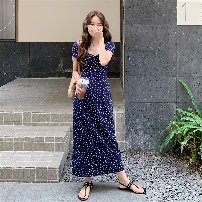 修身包臀裙字藏蓝色v领碎花连衣裙女夏,女装连衣裙,浙宝113