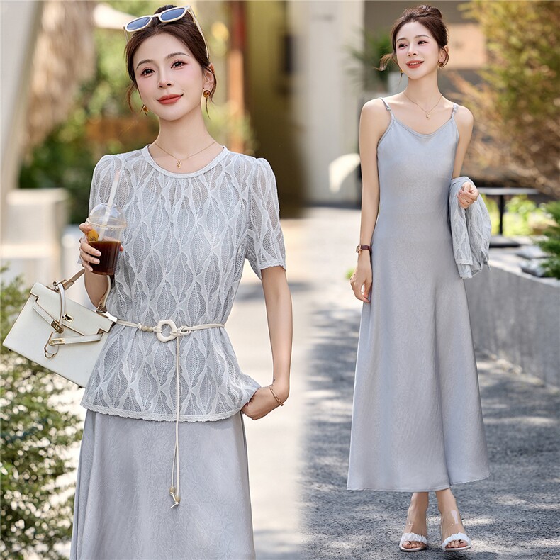 2026年夏季旅游日常城市通勤蕾丝吊带两件套收腰显瘦气质连衣裙，女装连衣裙，木橙西子