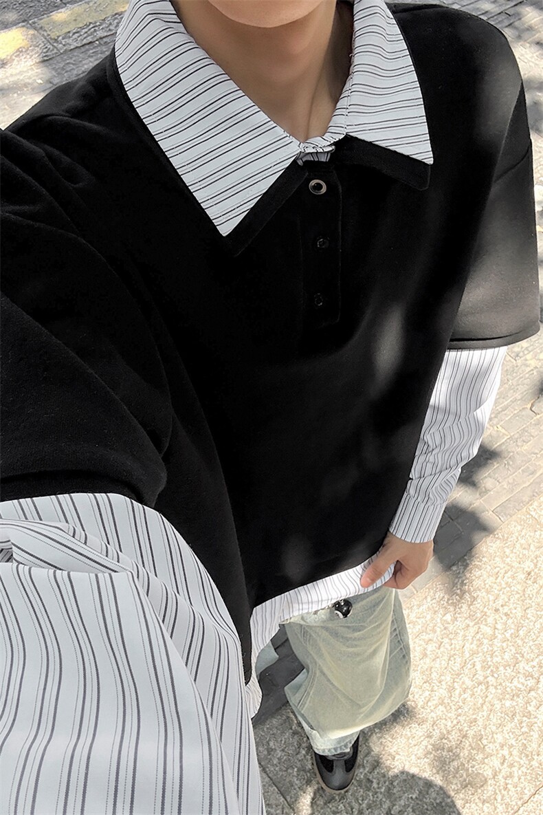 GENIOLAMODE学院风条纹拼接假两件卫衣男女秋季复古长袖polo衫潮,男装卫衣,电商A001-1