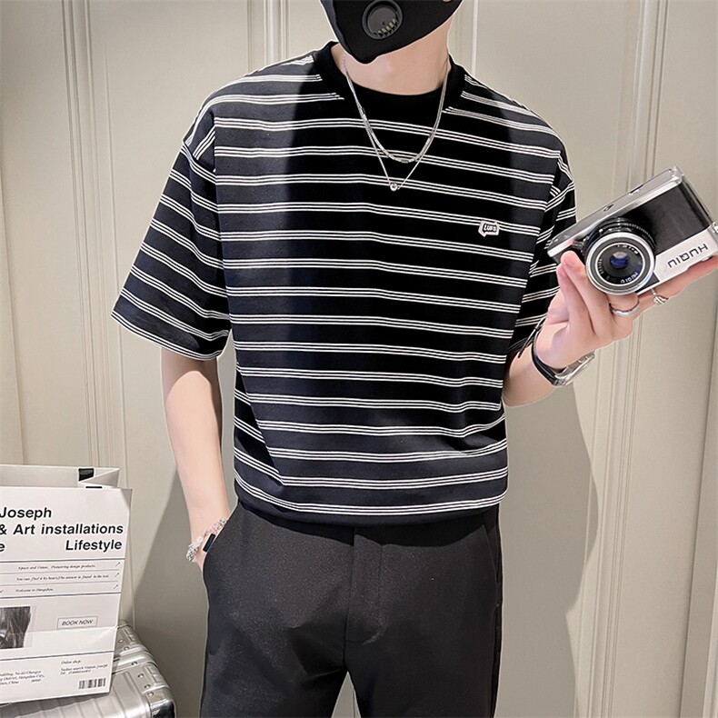 23轻奢风社会小伙夏季条纹圆领短袖T恤男半袖TZ91P50控78，男装T恤，电商B413