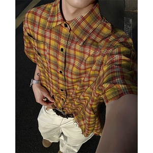 CS60-P45 夏季男女格子宽松衬衫外套猫抓工艺休闲百搭衬衣图片