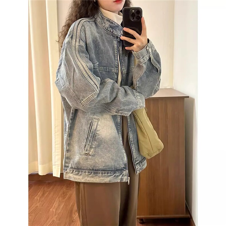 美式牛仔外套男春秋款美式复古高级感欧美潮牌条纹立领夹克衫,男装工装外套,星座410-6（原星座1304-1）