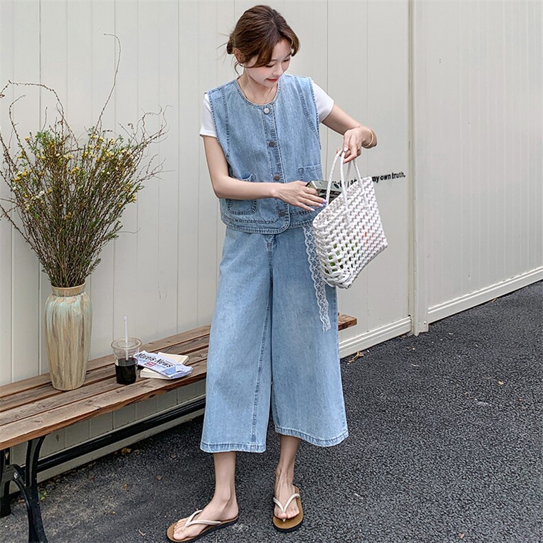 现货牛仔三件套T+马甲+阔腿裤送蕾丝丝巾2C236-M26-P175-K238,女装套装/套裙,2C236