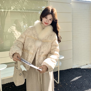 狐狸毛新中式木耳边羽绒服外套女2026冬季新款90白鸭绒保暖上衣潮图片