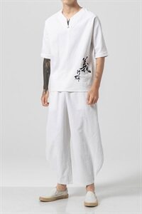 2021夏季日系棉麻短袖九分裤套装男中式两件套QT6005-TZ05-P90图片