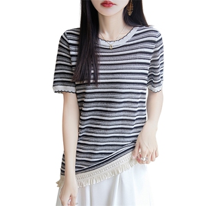 夏季花边圆领莱赛尔天丝半袖T恤女宽松撞色条纹休闲针织短袖上衣图片