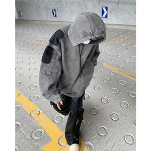 外套男潮高级感水洗做旧拼接连帽牛仔夹克美式复古外套8622 P73图片