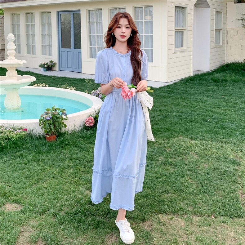 韩版甜美洋气减龄木耳边连衣裙女2025夏季新款学院风收腰显瘦长裙,女装连衣裙,2C273