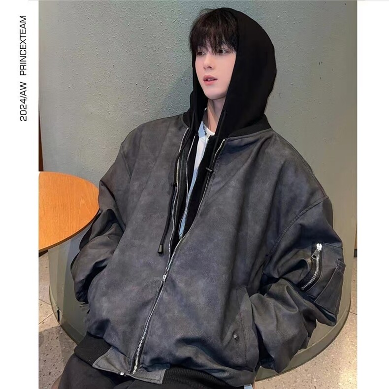 高品质 假二件PU皮棉服男装大码冬季棉服 M8801P120图片