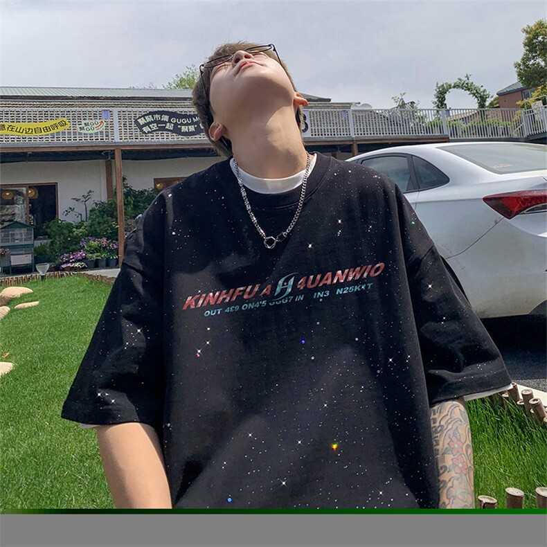 量大优供抖音视频支持得物配合二开美式满天星亮片短袖T恤MTX521,男装T恤,电商A486