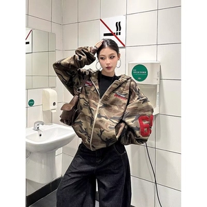 大码胖mm美式高街迷彩开衫连帽卫衣外套女秋季oversize拉链上衣
