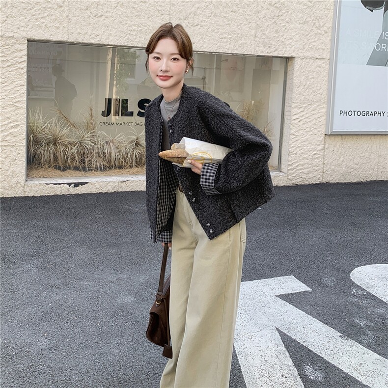 【上新】大货韩系格子拼接皮毛一体短外套2C075-882-P175-K258,女装短外套,2C075