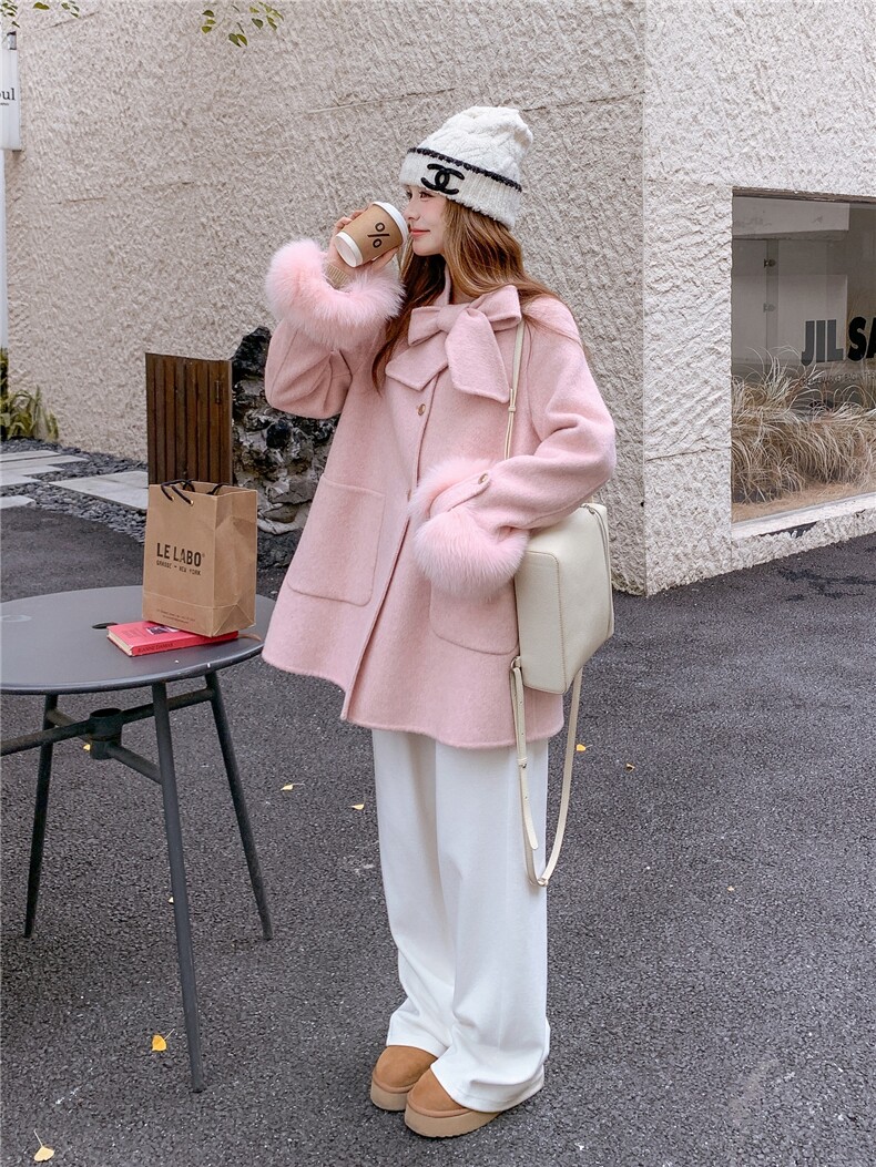 配真狐狸袖毛羊毛大衣-2B72-8638-P310-K398,女装双面呢大衣,乐吉娜