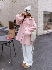 配真狐狸袖毛羊毛大衣-2B72-8638-P310-K398，女装双面呢大衣，乐吉娜