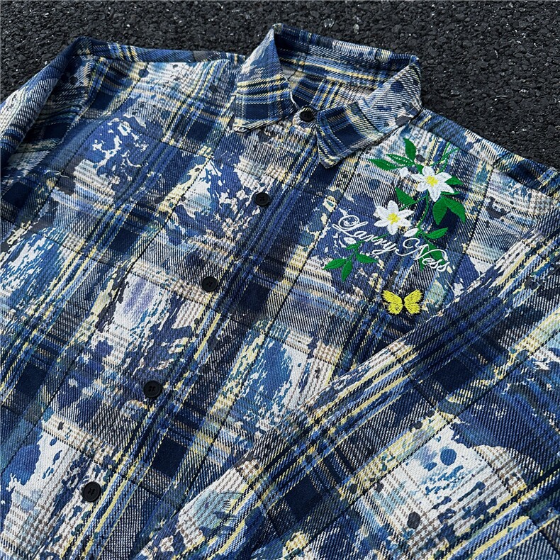 现货！！！CS903-P45!2026新款美式高街潮流格子扎染长袖衬衫,男装衬衫,星座1811B
