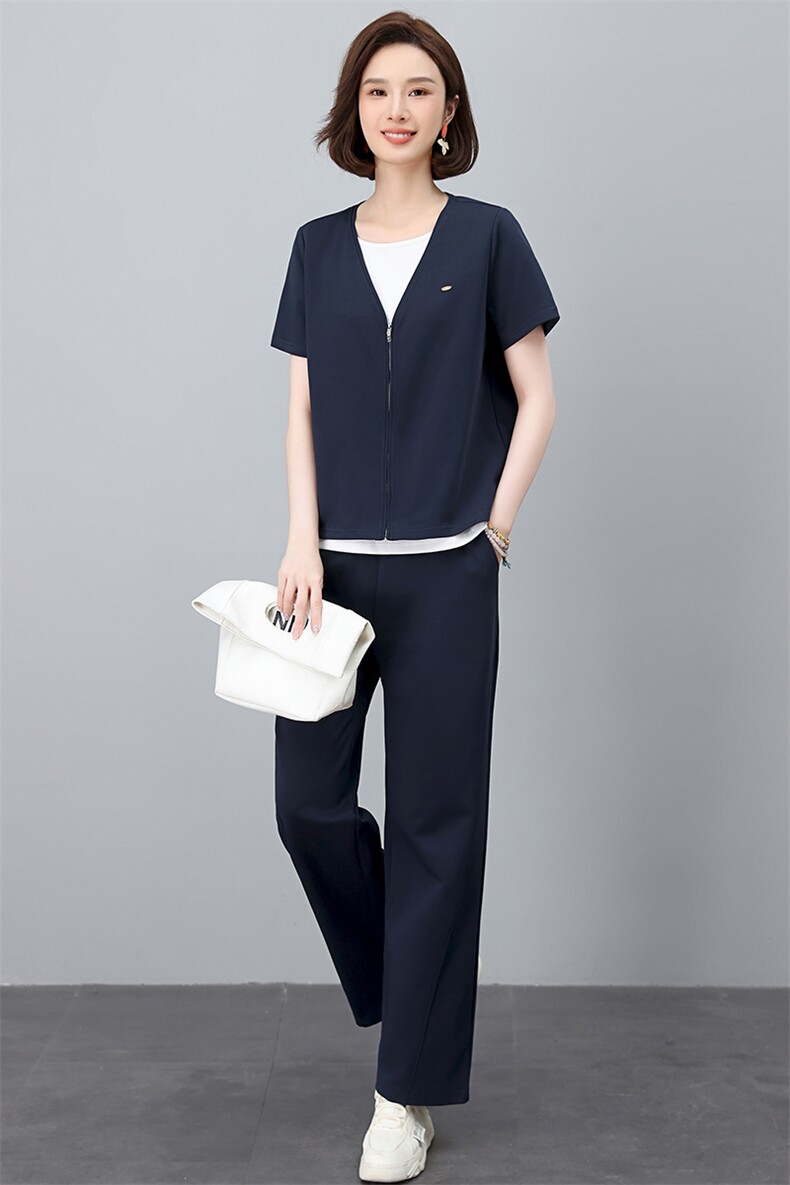 休闲套装女2025夏季新款时尚洋气假两件短袖卫衣搭配一整套运动服,女装套装/套裙,忆绮罗