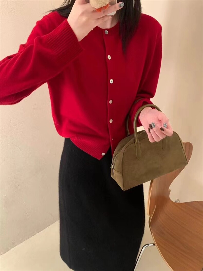 红色衣服针织开衫春秋新款宽松短款显瘦洋气打底外套上衣,针织衫/毛衣,半城羊绒