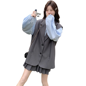 韩系设计感西装马甲套装裙女2025春新款独特漂亮衬衫百褶裙三件套图片