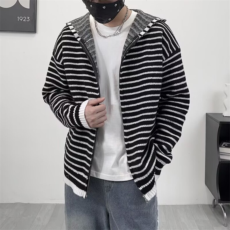 美式条纹连帽毛衣外套男春秋新款慵懒风宽松针织衫夹克M878,男装针织衫/毛衣,星座1116A-1（原606A）