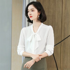 2025春装蝴蝶结真丝衬衫女长袖纯色桑蚕丝上衣衬衣通勤飘带小衫图片
