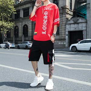 新款夏季潮流时尚T恤男装青少年宽松休闲圆领套装单衣F178P70图片
