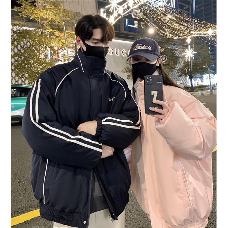 情侣装冬装港风条纹织带棉服棉衣休闲加厚外套男女G1107P118,男装棉衣,电商A339