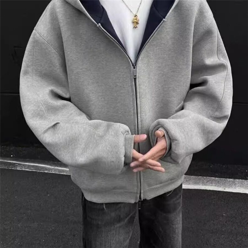 灰色连帽拉链开衫卫衣男春秋季美式复古高街帽衫重磅运动外套男款，男装卫衣，星座715-4