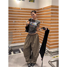 美式复古撞色屁帘工装伞兵裤女春夏嘻哈跳舞弯刀裤爵士舞阔腿长裤，男装工装外套，四季星座505