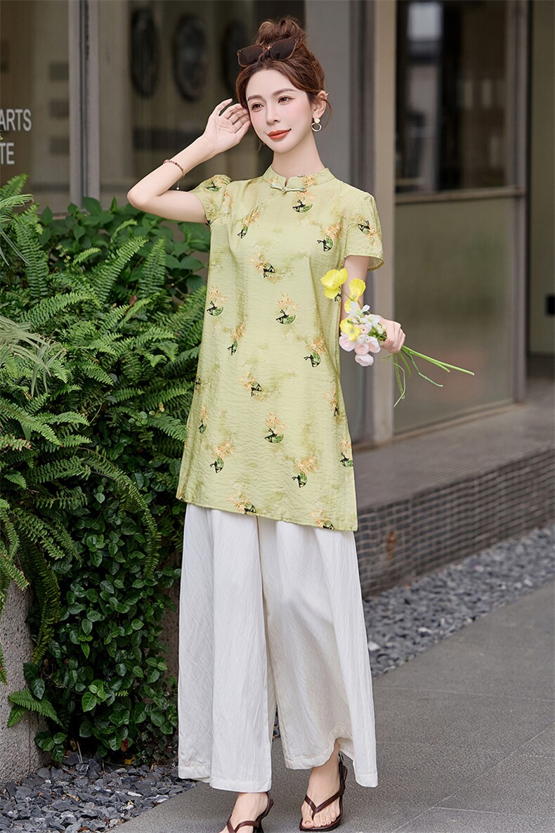民族风欧根纱连衣裙女夏2025新款绣花复古旗袍套装裤宽松两件套,女装套装/套裙,芷墨服饰
