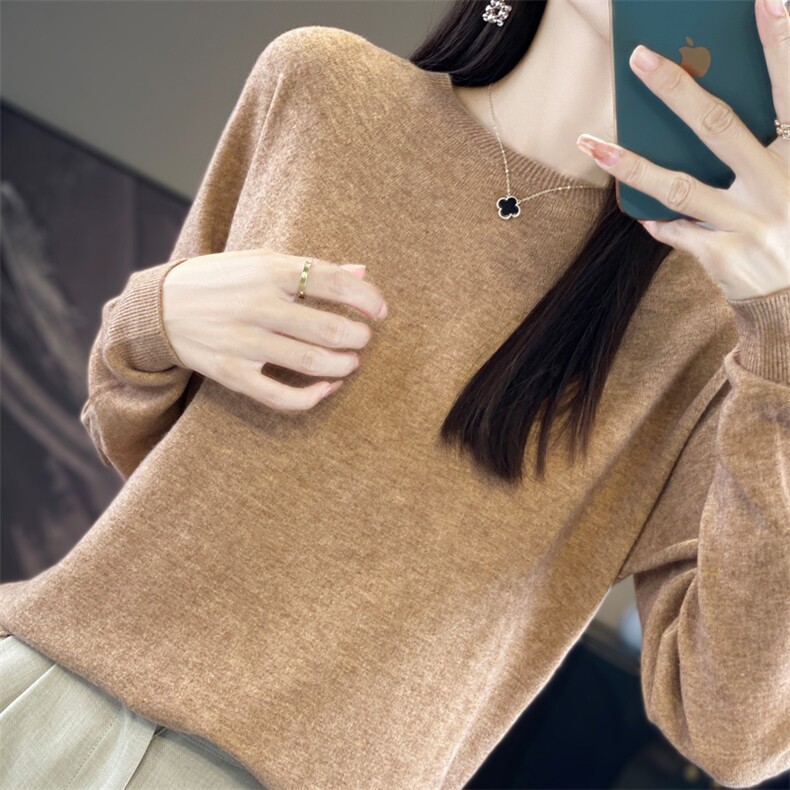 早秋无缝一线成衣圆领长袖针织衫女简约薄款内搭打底保暖百搭毛衣,针织衫/毛衣,昭美羊绒