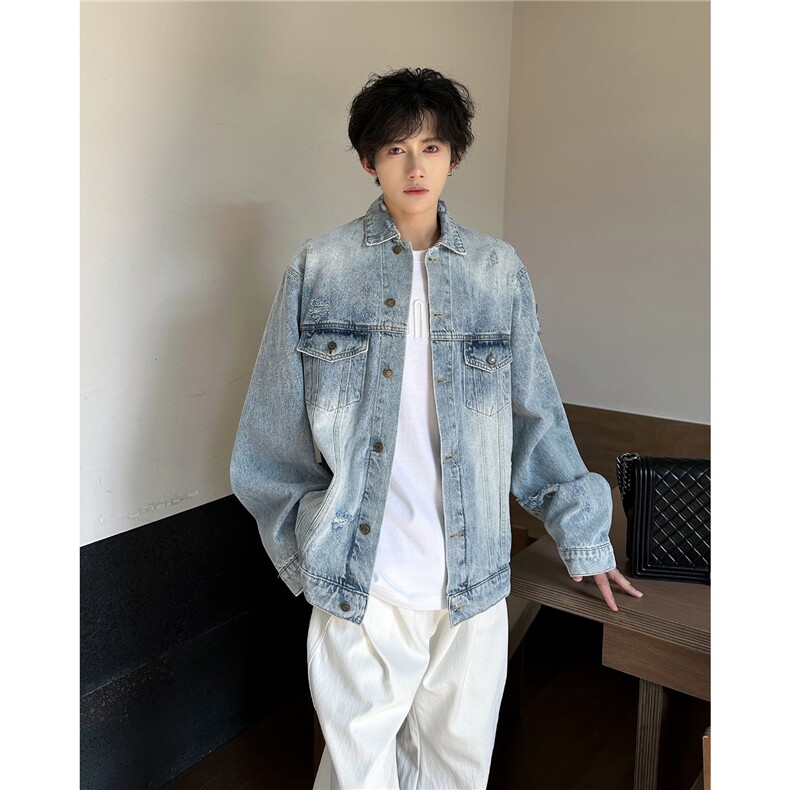 JK8643-P68复古水洗美式休闲破洞牛仔做旧翻领夹克,男装夹克,电商B323A