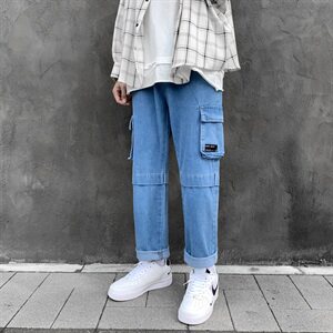 910A-N985-P60控78秋装新款潮流时尚牛仔裤男收腰系带大口袋长裤图片